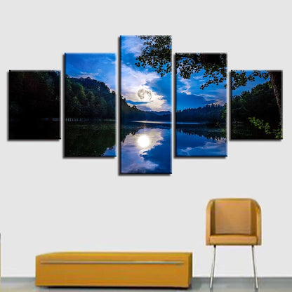 Forest Lake Moonlit Blue Sky 5 Panel Canvas Print Wall Art Home Decor Painting