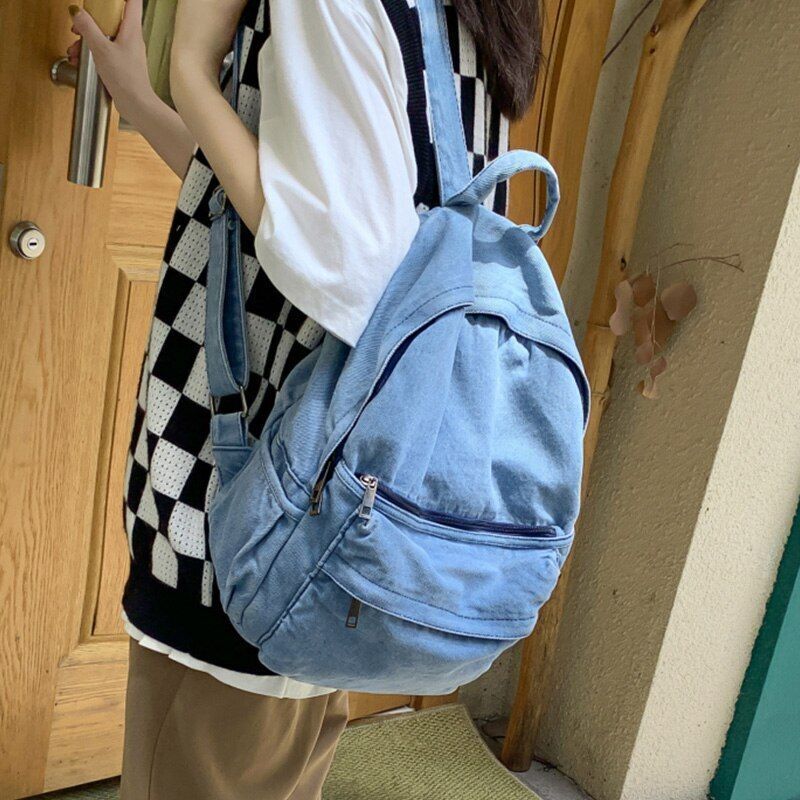 Gray Denim Backpack Leisure Travel Shoulder Bags Schoolbags Unisex 20-35 L Blue