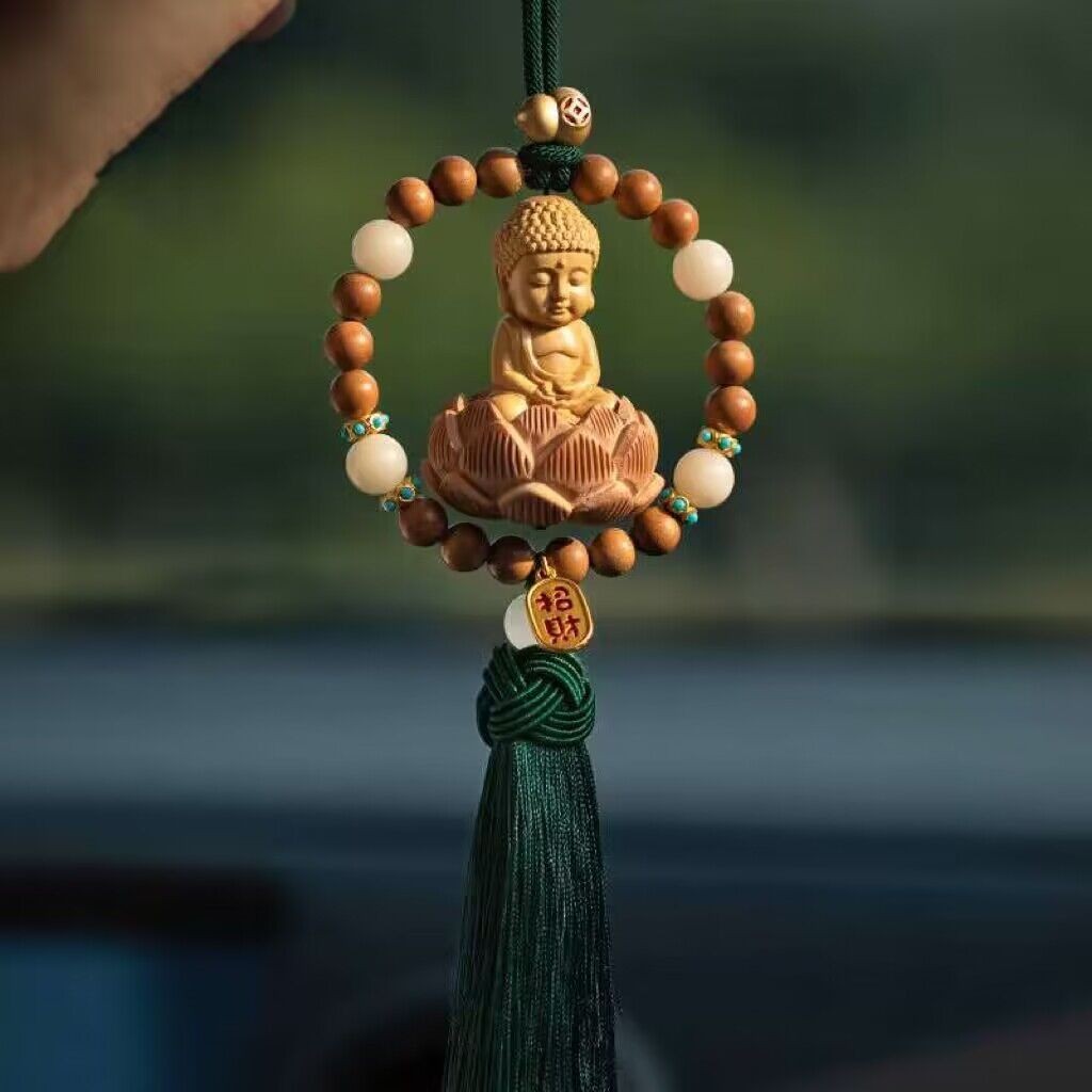 Peach Wood Buddha Car Pendant Lotus Beaded Tassel Rearview Mirror Ornament