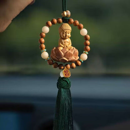 Peach Wood Buddha Car Pendant Lotus Beaded Tassel Rearview Mirror Ornament