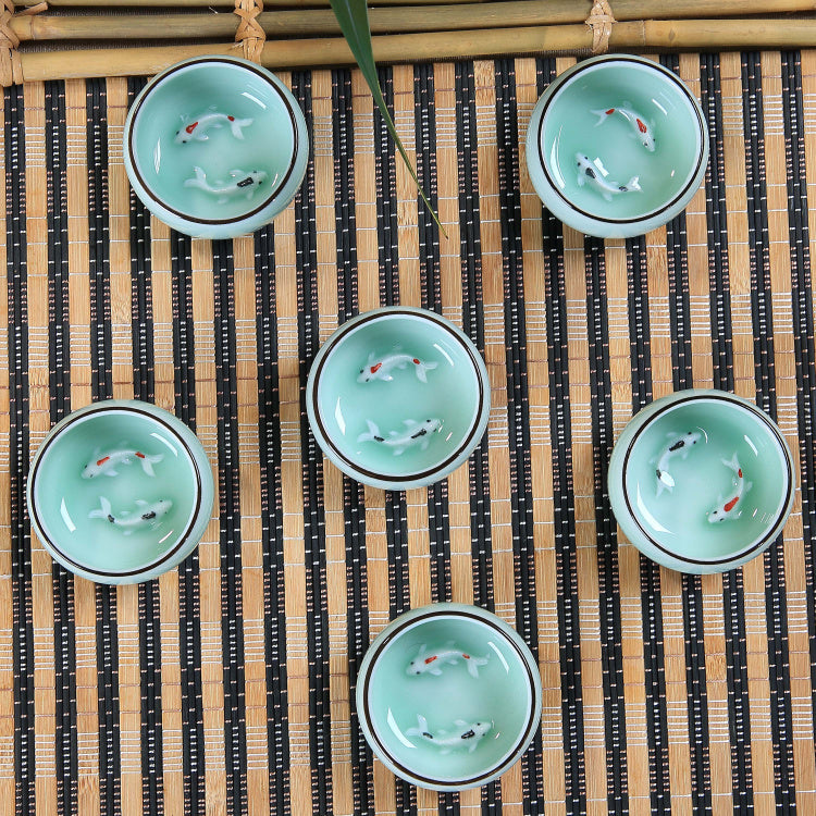 6pcs/lot Chinese Celadon Tea Cup Fish Carved Porcelain Couple Lover Cup Of Tea