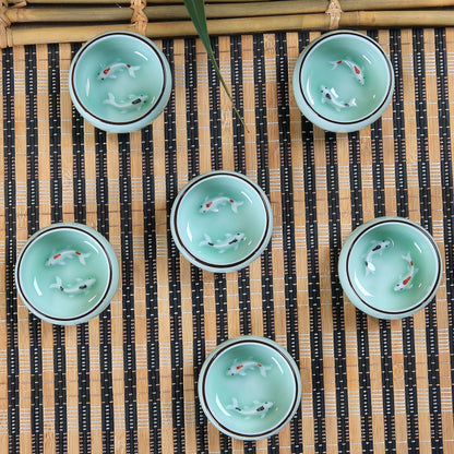 6pcs/lot Chinese Celadon Tea Cup Fish Carved Porcelain Couple Lover Cup Of Tea