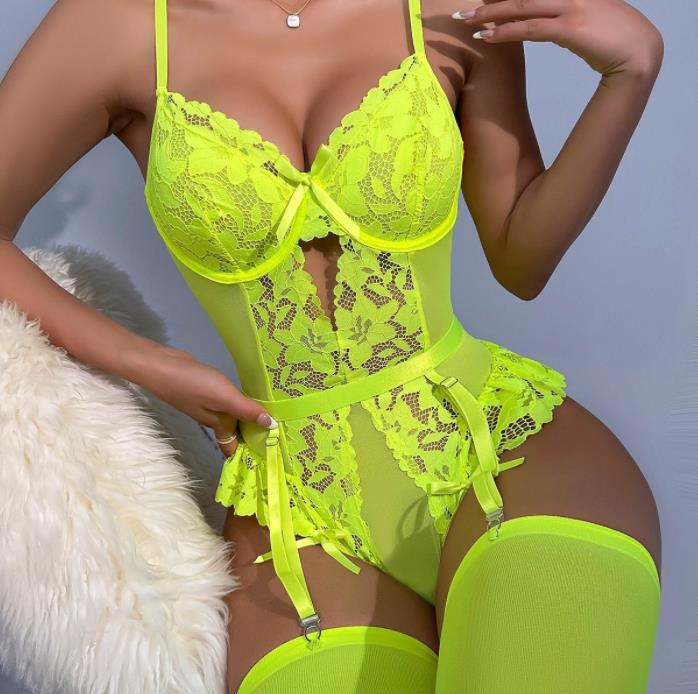 2023 hot sale fluorescent green woman sexy lingerie dress with stocking bodysuit
