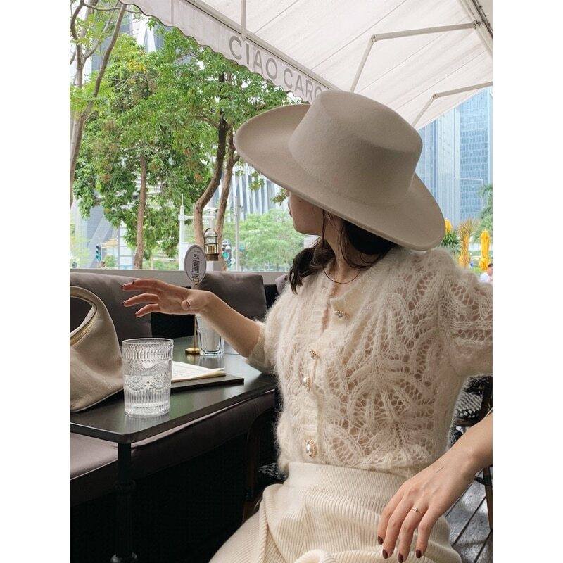Women Sweater Autumn White Openwork Knitted Cardigan Mohair Coat Sweater