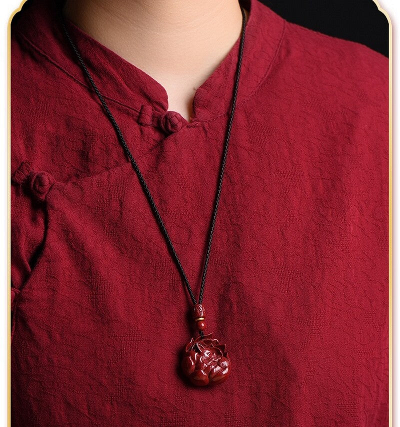 Natural Cinnabar Nine-tailed Fox Carved Pendant Necklace Feng Shui Amulet Decor