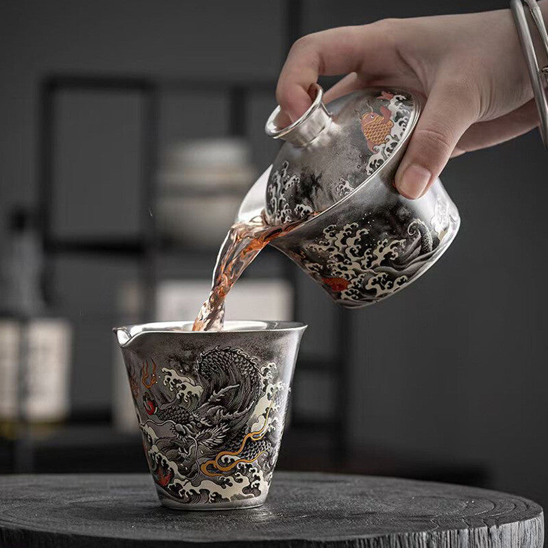Chinese Tea Set Dragon Design Pure Silver + Porcelain Gaiwan Pitcher Tea Cup Mat