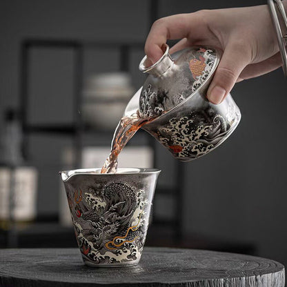 Chinese Tea Set Dragon Design Pure Silver + Porcelain Gaiwan Pitcher Tea Cup Mat