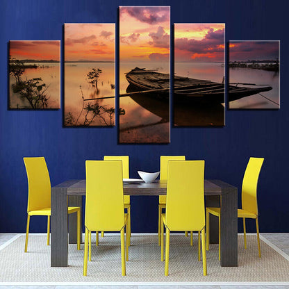 Sunset Seascape Sea Beach Boat Canvas Prints Painting Wall Art Home Decor 5PCS