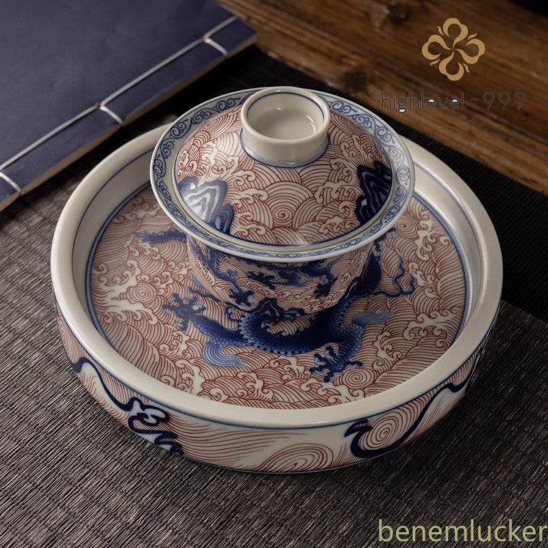 Jingdezhen Blue and White Porcelain Dragon Pattern Gaiwan Tea Bowl Retro Tea Set