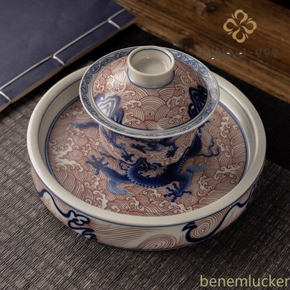 Jingdezhen Blue and White Porcelain Dragon Pattern Gaiwan Tea Bowl Retro Tea Set