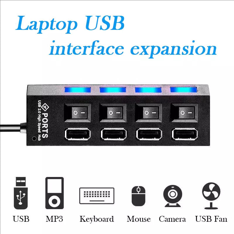 USB Hub 7 Port On/Off Switch High Speed Splitter AC Adapter Cable PC Laptop Lot