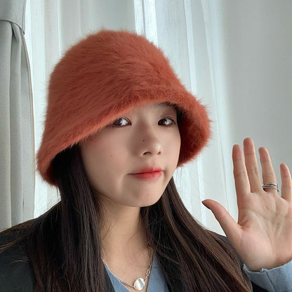 Hat Winter Women Solid Color Rabbit Fur Bucket Cap Fisherman Retro Knitted Wool