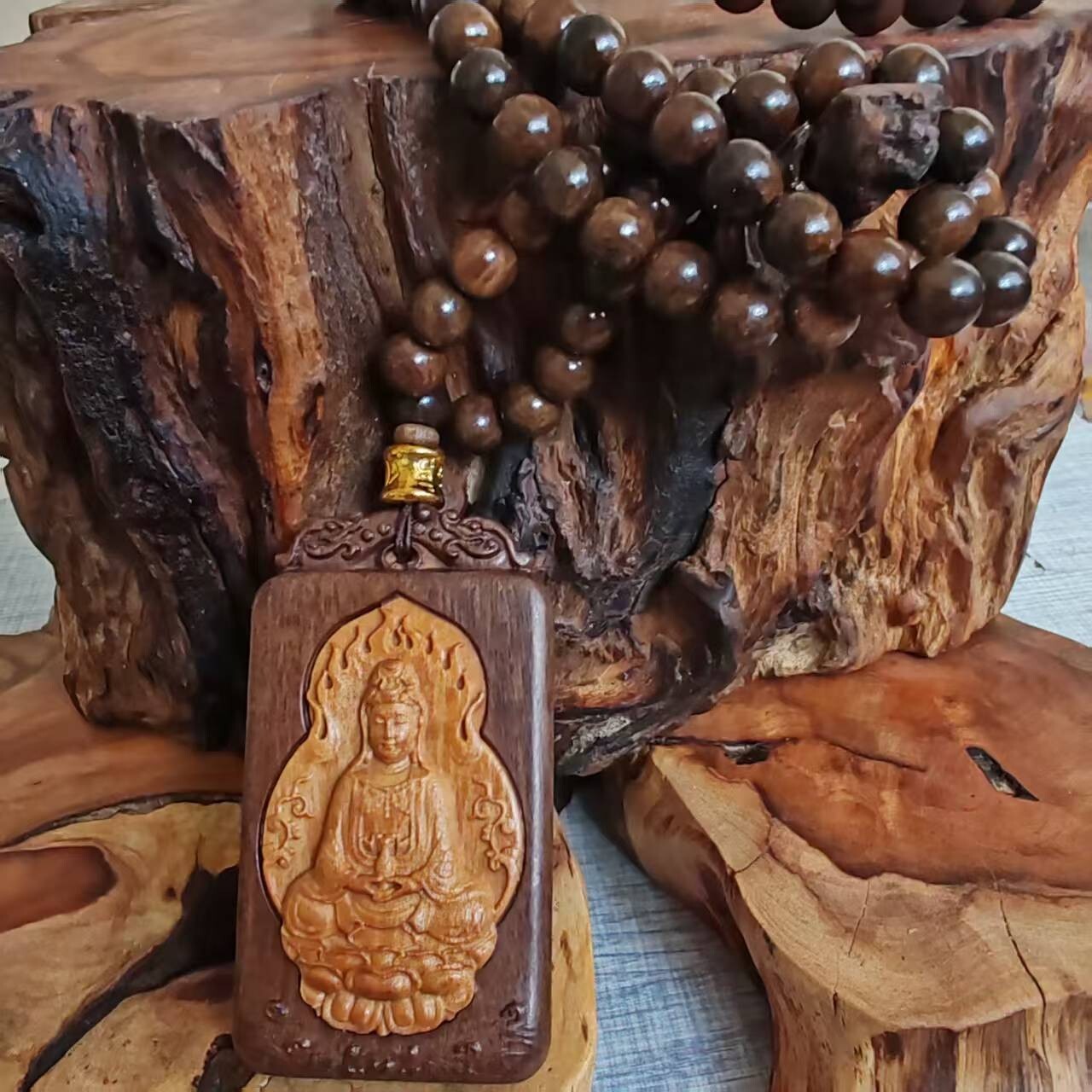 8mm*108 Prayer Beads Natural Wood Guanyin Buddha Lucky Pendant Blessing Necklace