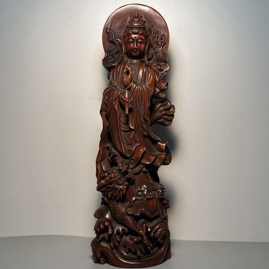 Vintage Chinese Antique Wooden Carving Dragon Kwan Yin Statue Wood Buddha Decor