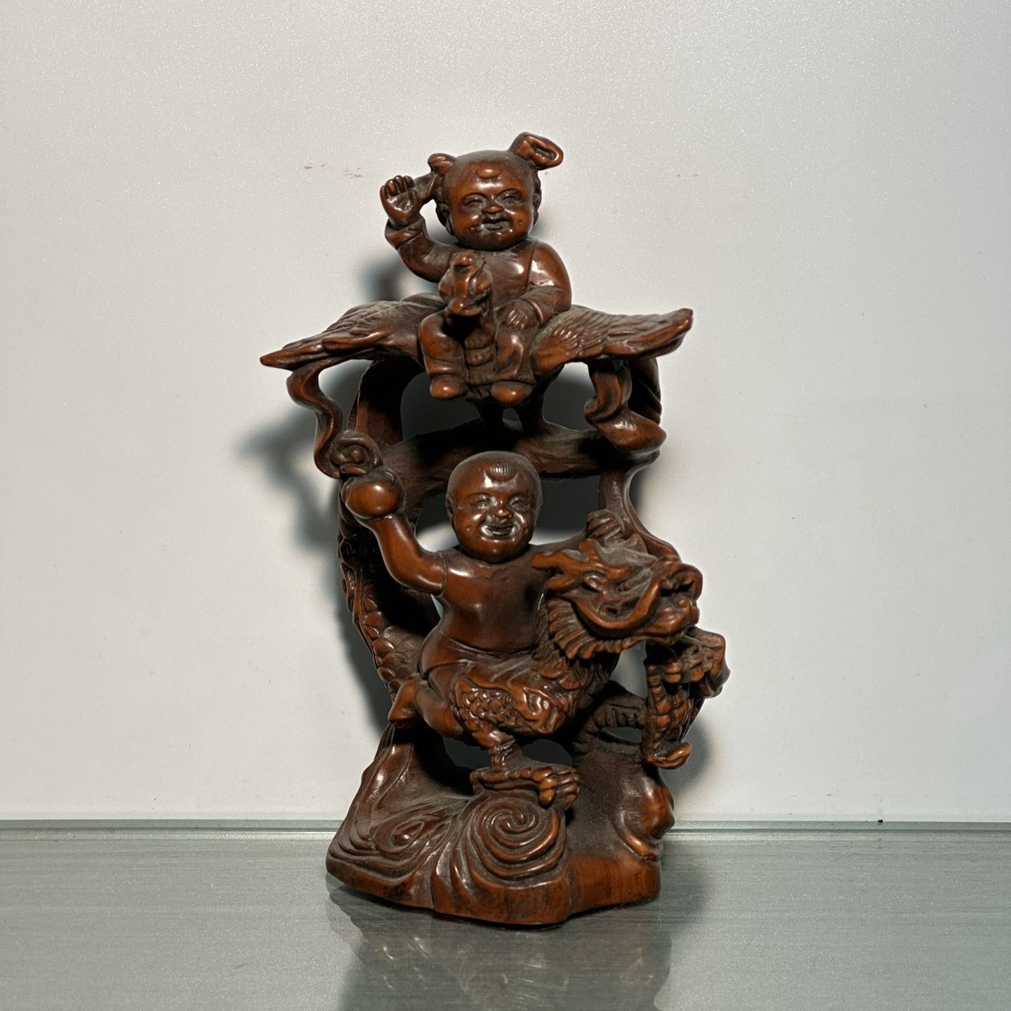 Chinese Boxwood Carving Dragon Phoenix Children Statue Figurine Home Decor Art