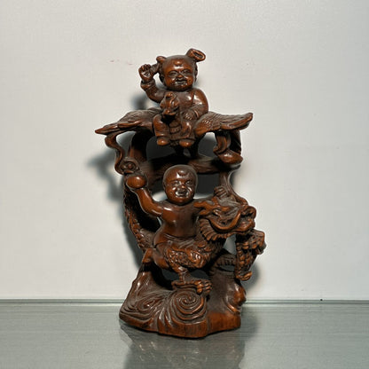 Chinese Boxwood Carving Dragon Phoenix Children Statue Figurine Home Decor Art