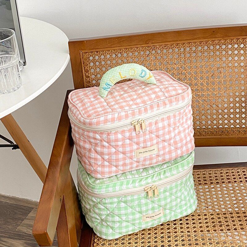 Plaid Pattern Bag Toiletries Case Makeup Bag Zipp Cotton Cosmetics Storage Pouch