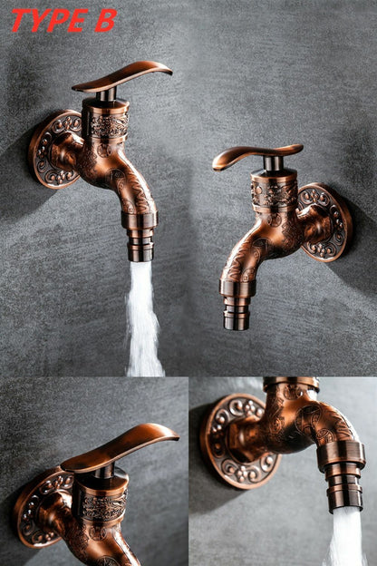 Bibcock Faucet Carved Wall Mount Zinc Alloy Antique Garden Wash Basin Decorative