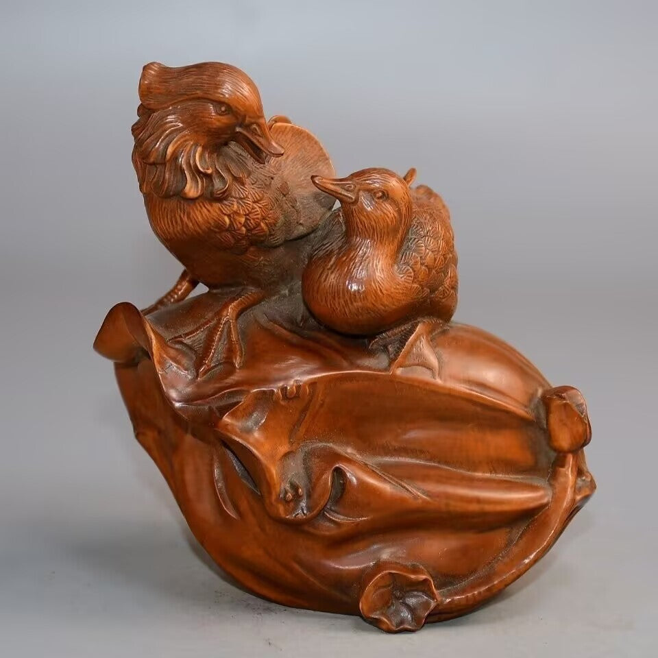 Old Boxwood Mandarin Ducks Couple StatueLove Happiness Marrage Feng Shui Decor