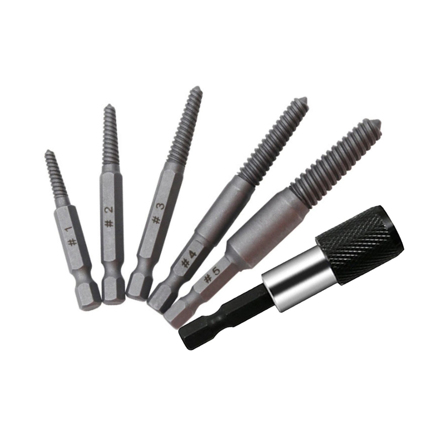 Woodworking hex shank headless screw extractor kit includes 5 different-size