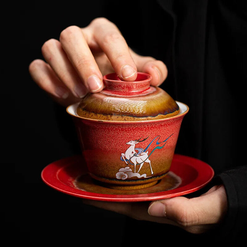 Retro Radiance Ceramic Gaiwan Chinese Tea Set Sancai Tea Bowl Portable