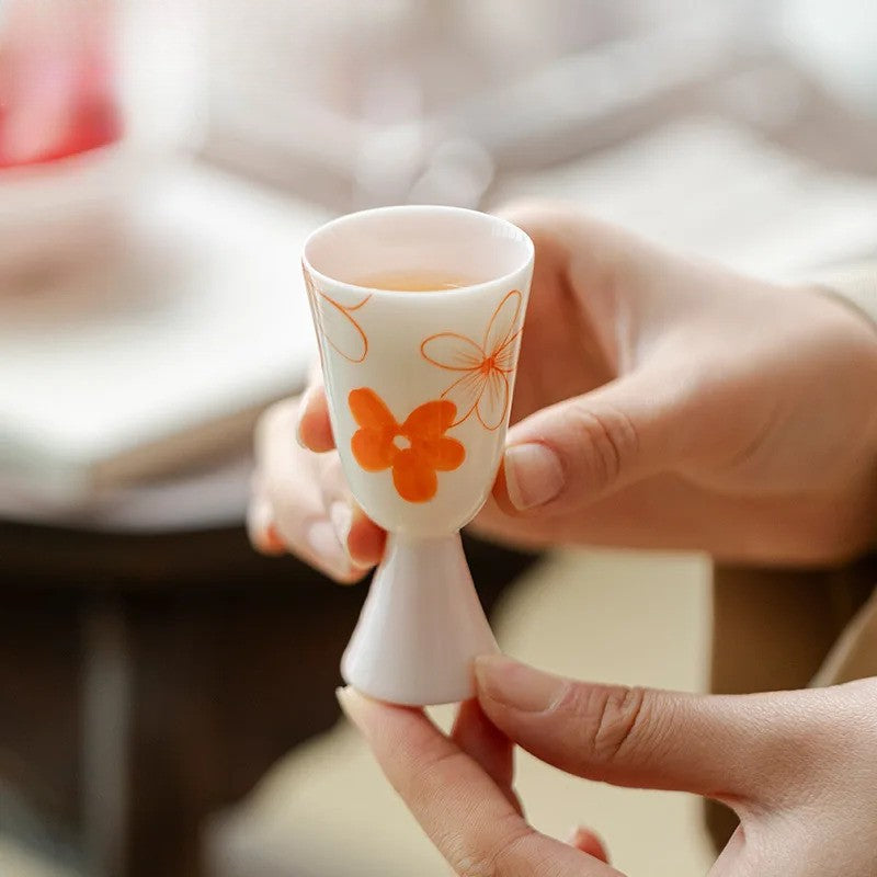 25ml Ceramic Handpainted Red Flower High Foot Cup Tea Tasting Fragrance Cup