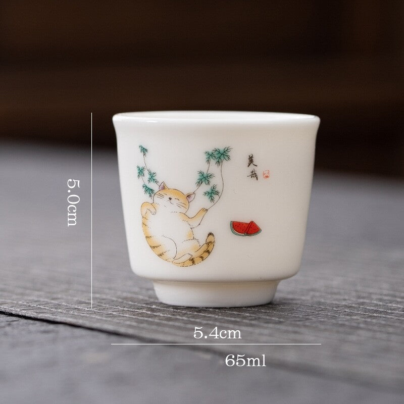 One Cup Fat Mutton Jade Porcelain Tea Cup Love Cat Print Kungfu Tea Cup 70ml New