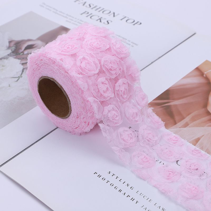 Party Decoration 5Yards DIY Rose Lace Fabric 3D Chiffon Flower Embroidered Decor