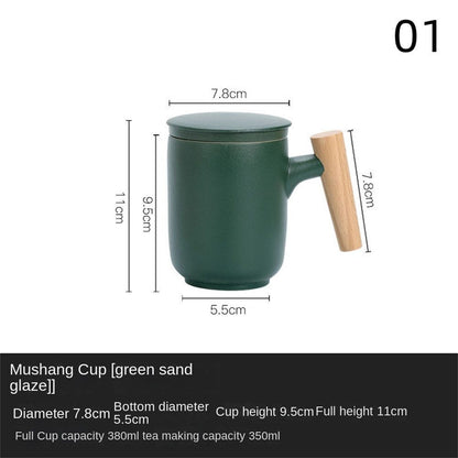 Mug 350ml Ceramic Wood Teacups W/ Lid & Filter Tea Separation Large Capacity Cup