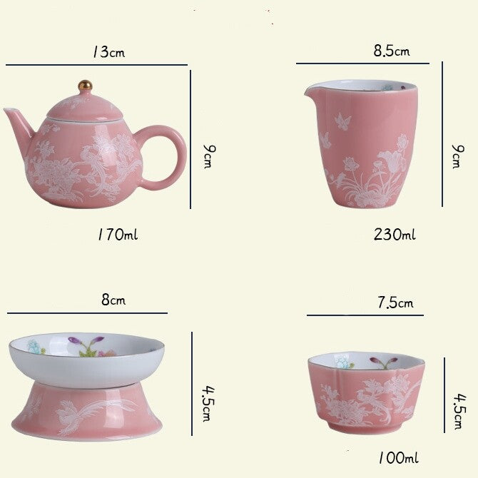 Chinese Tea Set Porcelain Tea Pot Floral Print Gaiwan Cup Pitcher Strainer New