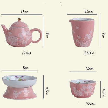 Chinese Tea Set Porcelain Tea Pot Floral Print Gaiwan Cup Pitcher Strainer New
