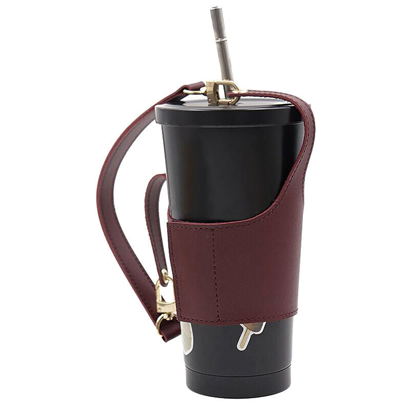 Leather Cup Cover Pouch Portable Water Bottle Sleeve Bag Leather Carrying Strap
