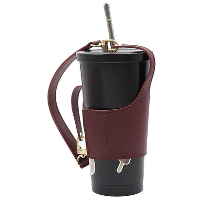 Leather Cup Cover Pouch Portable Water Bottle Sleeve Bag Leather Carrying Strap