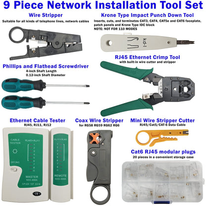 9-in-1 Network Toolkit: RJ45 Ethernet Crimper, Krone PunchDown, Cable Tester