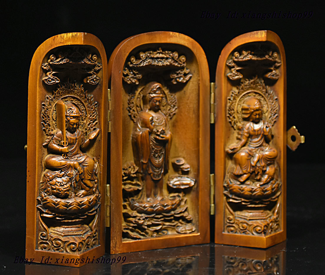 Chinese Boxwood Wood GuanYin Manjushri Samantabhadra 3 goddess buddha statue box