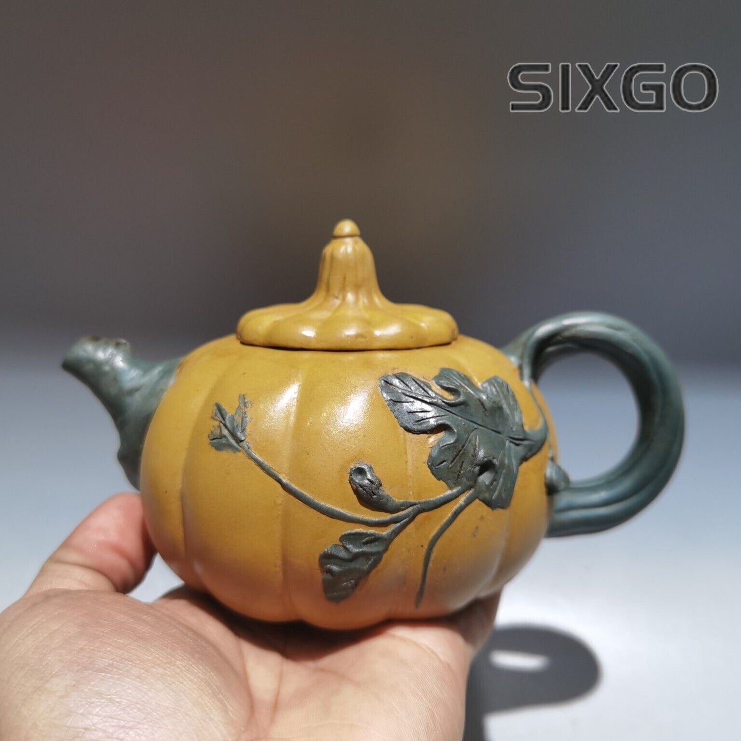 6.6" Chinese Yixing Zisha Pottery Duan Clay 360CC Hand Made Pumpkin Leaf Teapot