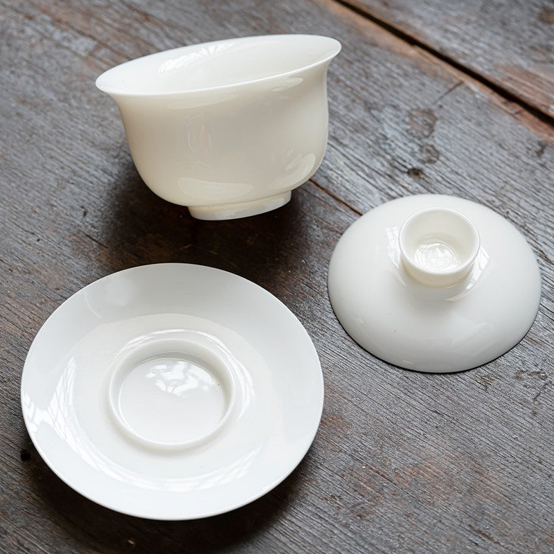 White Porcelain San Cai Gai Bowl Ceramics Dehua White Porcelain Kung Fu Tea Set