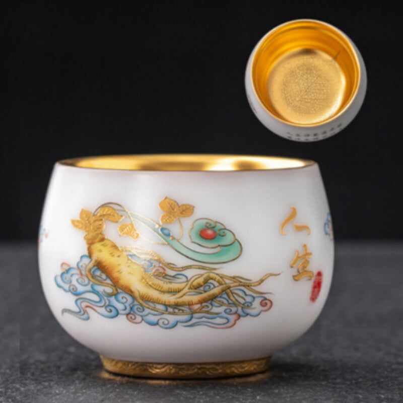 Gilding Hand Painted Tea Cup Fat Mutton Jade Porcelain Master Cup 190ml Tea Cup