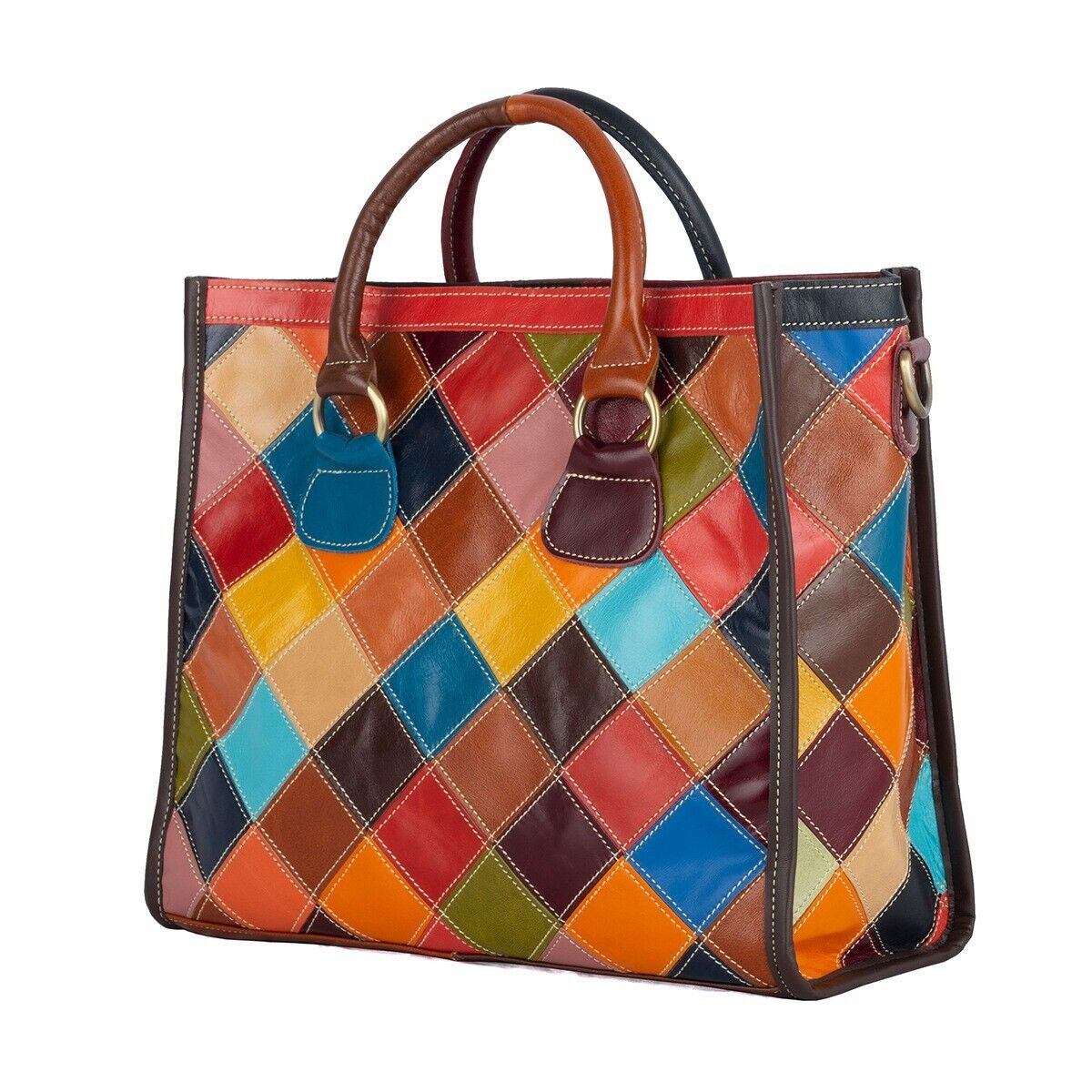Genuine Cowhide Leather Colorful (random) Patchwork Handbag Women Tote Crossbody
