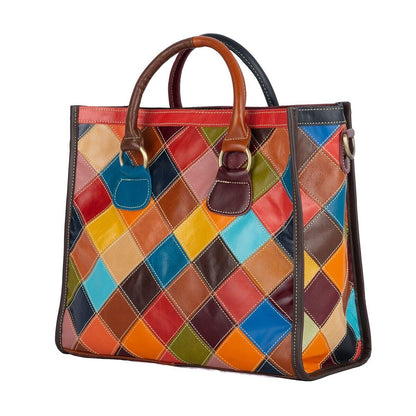 Genuine Cowhide Leather Colorful (random) Patchwork Handbag Women Tote Crossbody