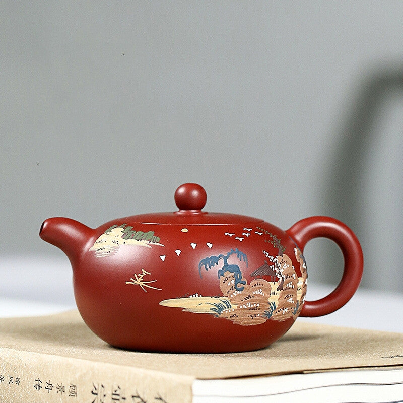 Handpainted Mountain-river Relief Tea Pot Marked True Yixing Zisha Dahongpao Pot