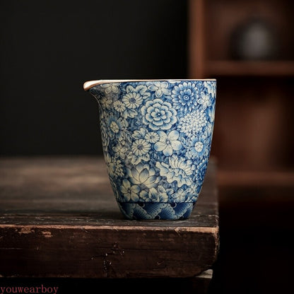 Flowers Ceramic Pottery Fair Cup Chinese Zen Teacup Teaware Blue Tea Ceremony