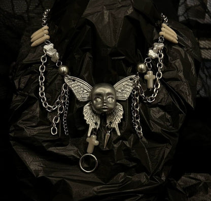 Heavy Duty Cyberpunk Silver Butterfly Doll Head Multi-Layer Necklace