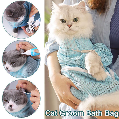 Mesh Cat Grooming Bath Bag Adjustable Pet Nail Trim Washing Clean Restraint Bag