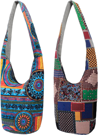 Handmade Bohemian Hippie Crossbody Bag Purse Cotton and Linen Sling Women 2 Pcs