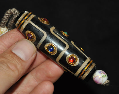 Collect Rare Authentic Old Tibet tibetan agate dzi Inlay gem Pray beads Antiques