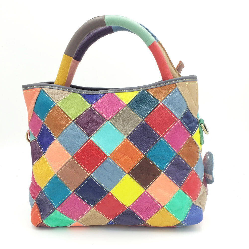 Multicolor Patch Real Leather Raw Edge Tote Shoulder Bag Purse Crossbody Handle