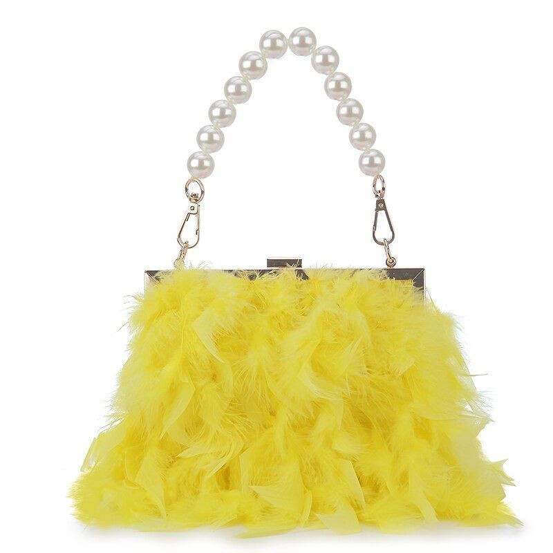 Luxury Real Feather Purse Handbag Clutch Shoulder Bags Pearl Chain 20*5*18 CM