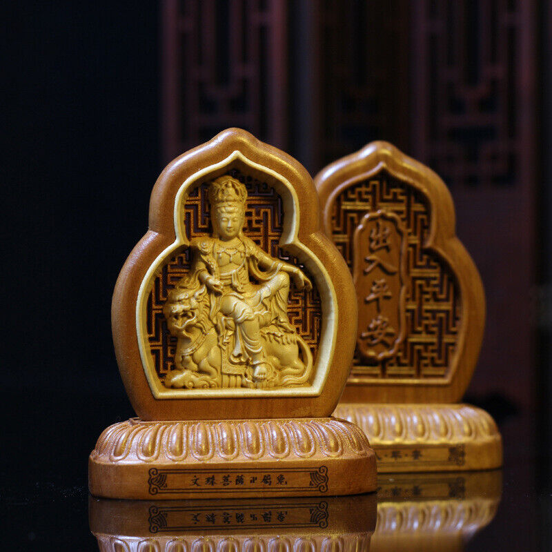 Wooden Carving Zodiac Buddha Car Safety Charm Ornaments Guanyin Statue Car Home