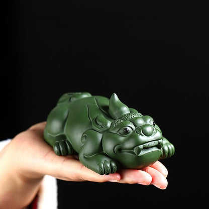 True Yixing Zisha Tea Pet Green Clay Handmade Mascot Mythical Wild Animal Statue
